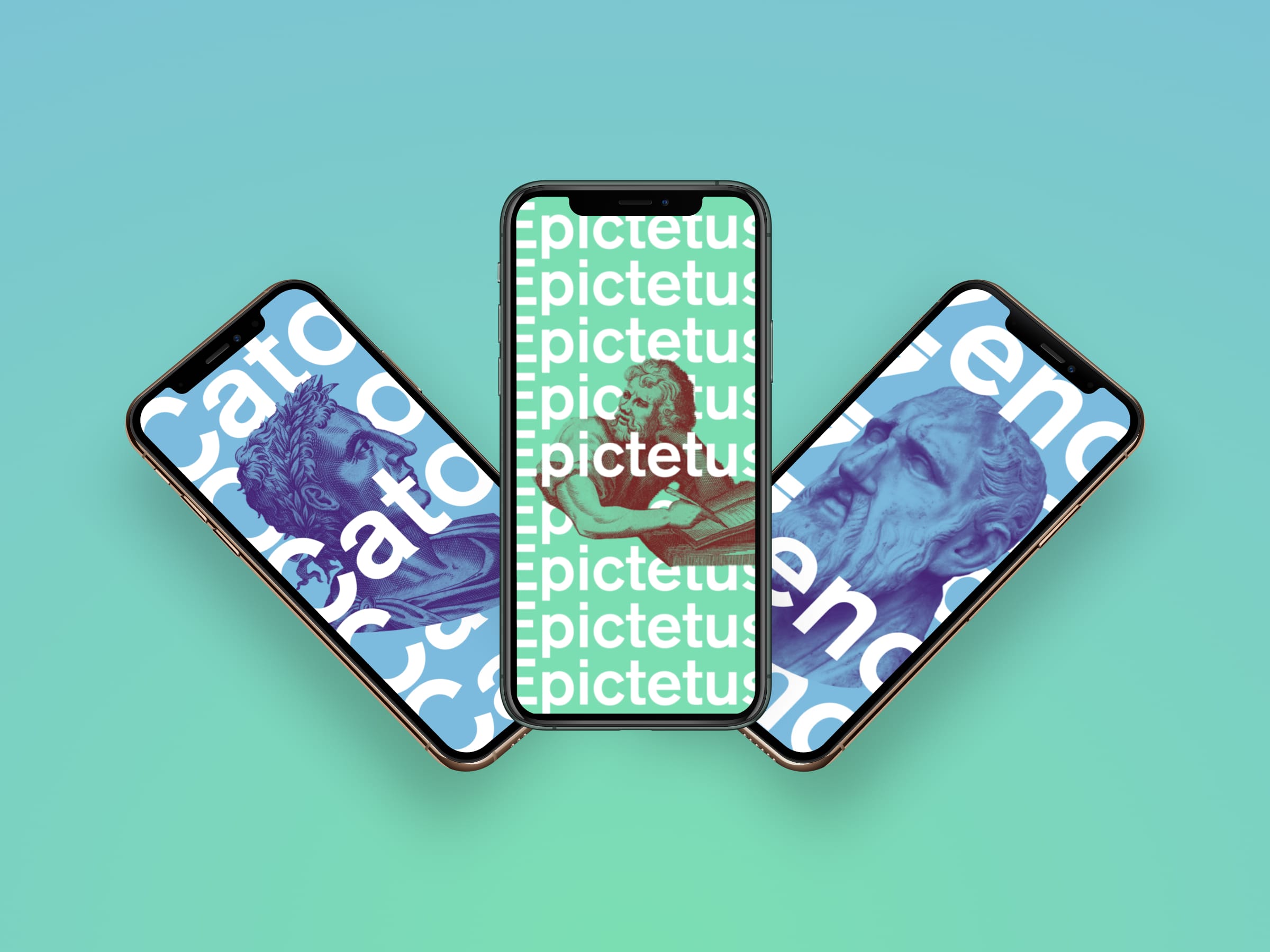 3 iphones with stoic philosopher backgrounds